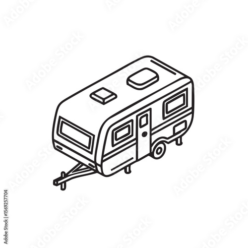 An isometric outline of a travel trailer or caravan.
