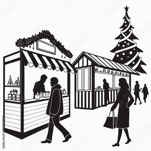 Festive christmas market scene with shoppers and a decorated tree