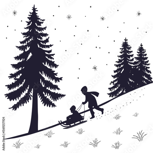 Winter scene silhouette of children sledding in snowy forest