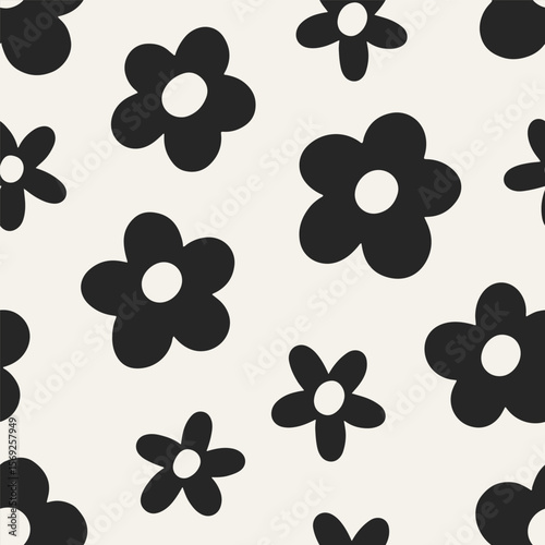 Floral pattern. Daisies, seamless black and white print with cute doodle simp...