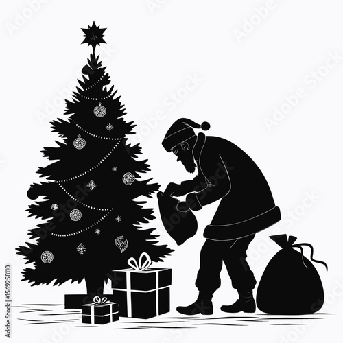 Silhouette of santa claus putting gifts under christmas tree
