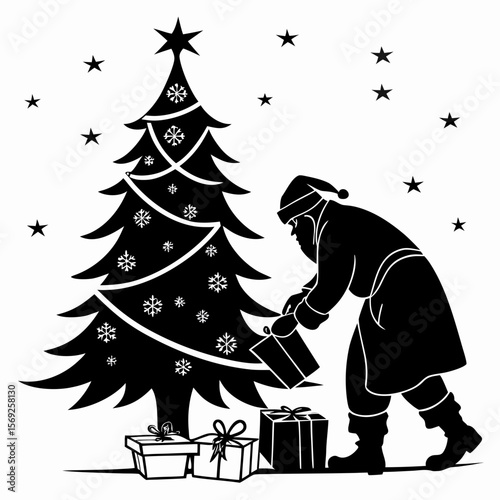 Santa claus places gifts beside christmas tree silhouette