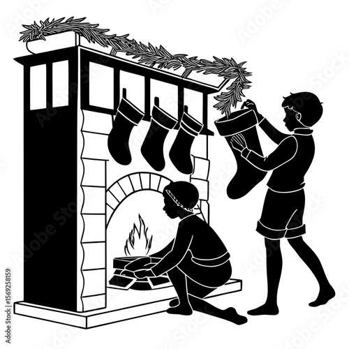 Children decorating fireplace with christmas stockings in silhouette