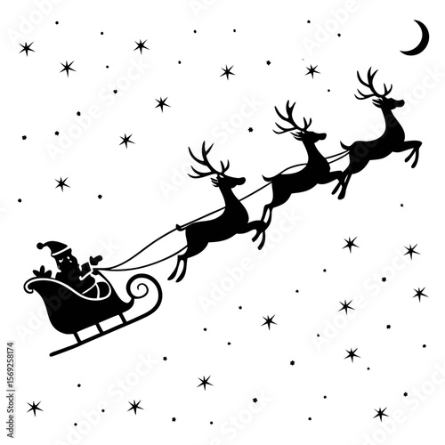 Santa claus in sleigh drawn by reindeer christmas silhouette