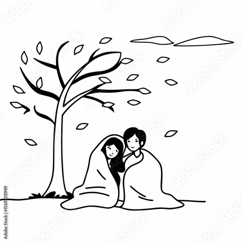 Romantic couple wrapped in blanket outside