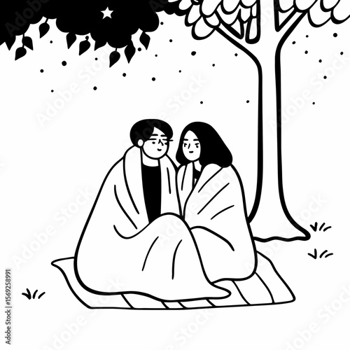 Romantic couple wrapped in blanket outside