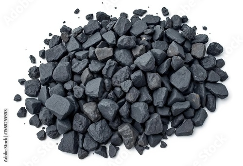 A haphazard pile of coal lumps, showcasing varied shapes and textures against a stark white backdrop,  lumps,  pile