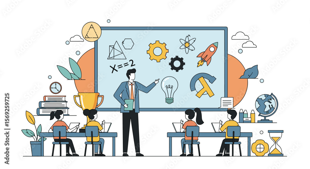 Obraz premium Engaging classroom scene teacher instructing students on stem subjects with visual aids