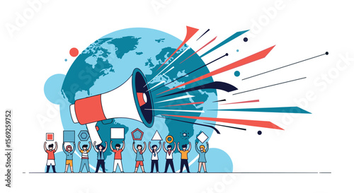 Global communication and social activism with a megaphone representing public outcry and diverse community engagement for worldwide change