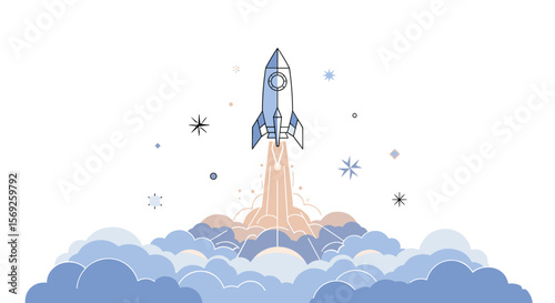 Illustration of a spaceship taking off with plumes of smoke and clouds against a white background