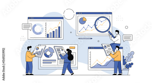 Business analytics team collaborating on financial reports and market research for strategic decisions