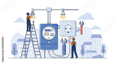 Electricians install and repair energy meter and power socket in residential area