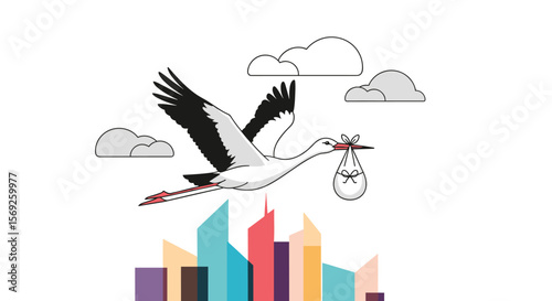 A stork delivering a baby over a cityscape with clouds in the sky
