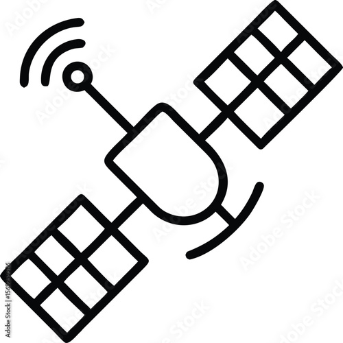 Simple outline icon of a satellite with solar panels transmitting signals