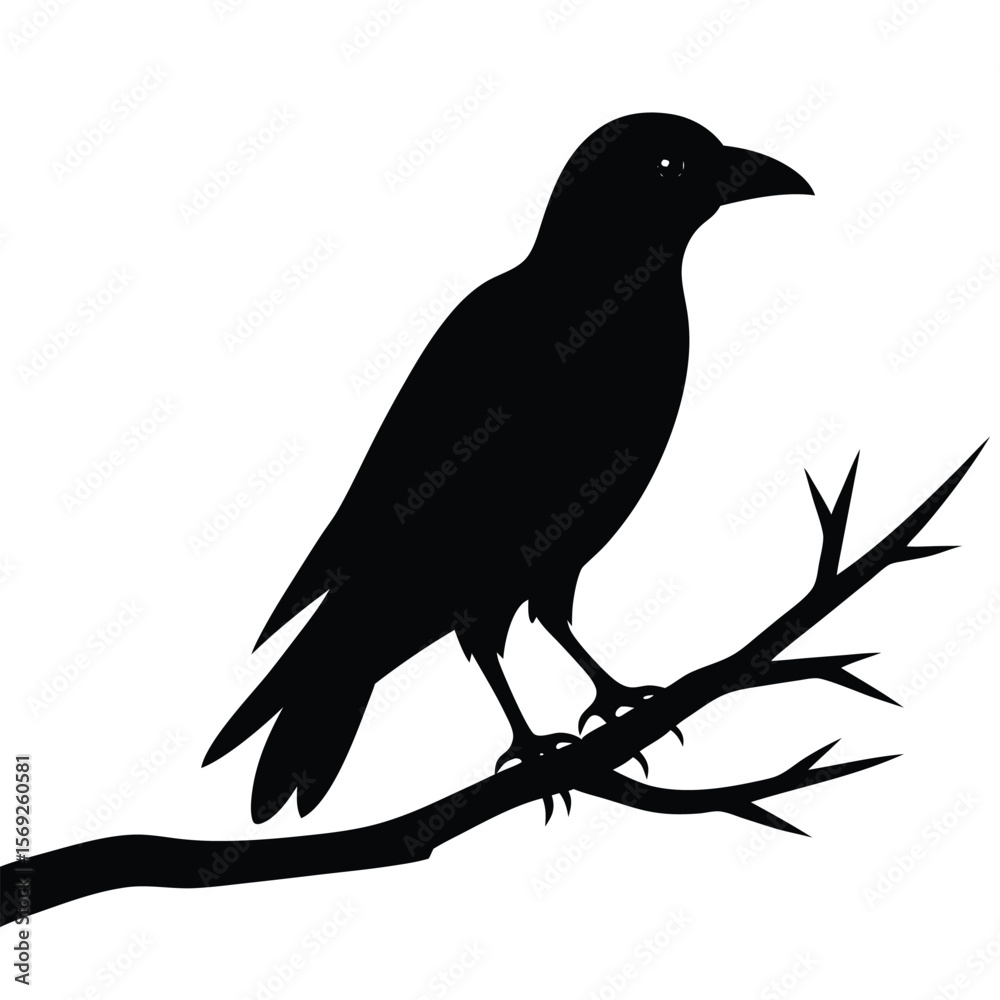 Obraz premium Minimalist Raven Silhouette Perched on Branch Design for Apparel and Decor