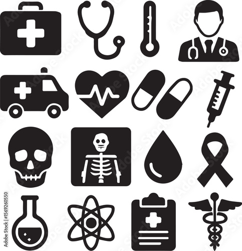 doctor, medicine, stethoscope, ambulance, vaccination, thermometer, data, horizontal, hospital, icon set, lung, microscope, nurse, patient, prescription, surgery, wheelchair, blood, medical exam, il