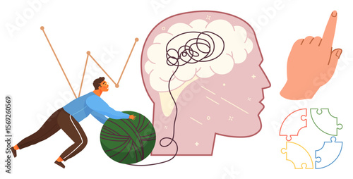 Person pushing green yarn toward untangling brain mess, hand pointing up, puzzle pieces. Ideal for mental clarity, problem solving, focus, persistence, psychology, mindfulness simple flat metaphor