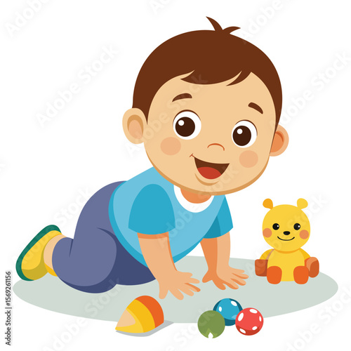 An adorable vector illustration of a baby happily crawling with various toys, depicting childhood innocence and joy.