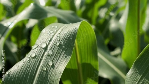Close-up of water droplets on fresh corn leaves after rainfall in a vibrant green field