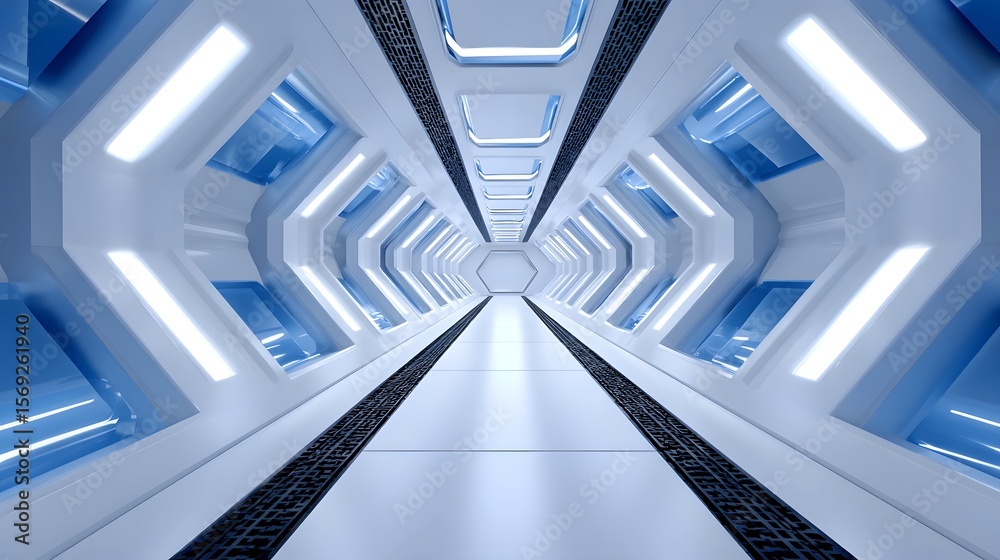 Fototapeta premium Futuristic geometric hallway with abstract lighting