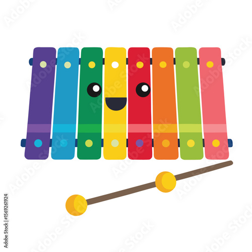 A vibrant xylophone with colorful bars and a friendly smiling face, perfect for music education and joyful sound.