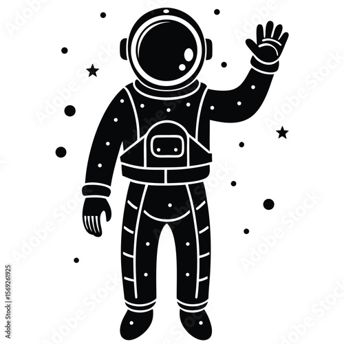 Friendly astronaut waving hello amidst stars and planets