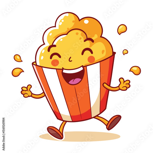 A joyful popcorn kernel exuberantly popping out, capturing the excitement of movie nights and delicious snacks.