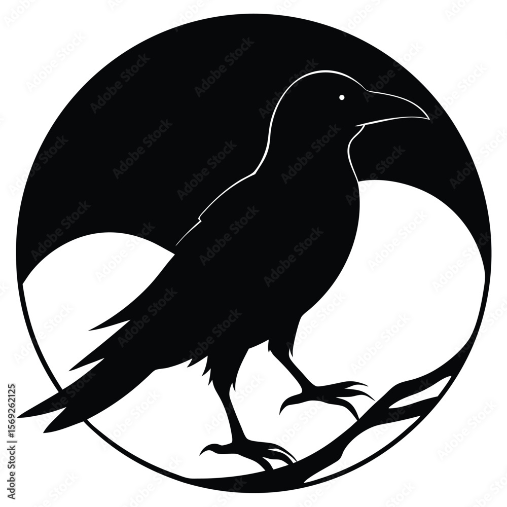 Fototapeta premium Silhouette of a Crow Perched on a Full Moon Circle