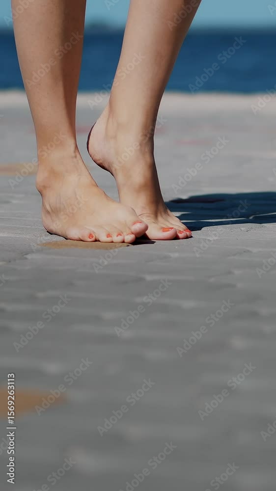 On the paving slabs, against the background of the sea, women's legs are dancing, barefoot. summer hot day On the paving slabs, against the background of the sea, women's legs are dancing, barefoot. summer hot day