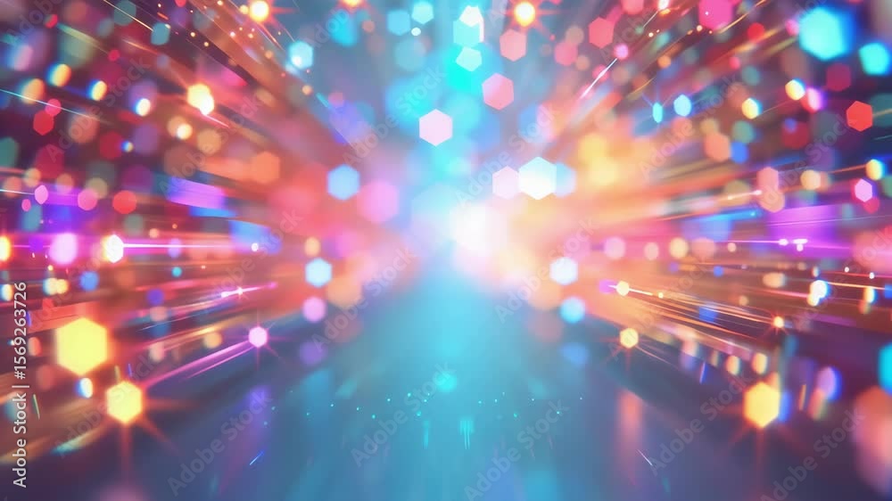 Dynamic tunnel of multi colored bokeh lights and bright streaks in energetic motion. Festive footage for a concert, dj background, new year's eve party, awards ceremony, or a tech presentation