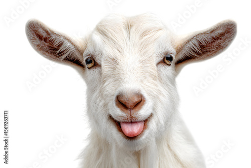 Close up of a white goat with its tongue out isolated on a white background