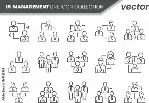 Collection of diverse management and organizational structure line icons representing hierarchy teamwork and leadership roles