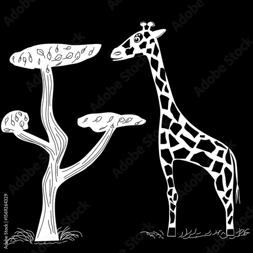 Black and white illustration of a giraffe near a tree. Giraffe standing near a tree. Side view. White illustration on a black background. Exotic animal. African animal. African safari.