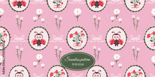 Vintage modern children's seamless drawing with a funny ladybug, a berry bouquet, and flowers. Flirty wallpaper with bows and frames. Vector design.