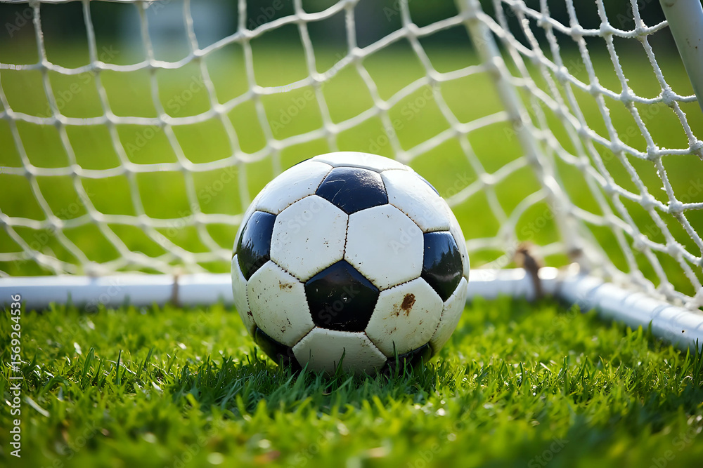 Naklejka premium Soccer football in Goal net with green grass field.