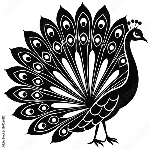 Elegant black silhouette of a peacock with displayed feathers.