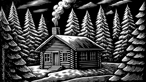 cozy wooden cabin nestled in a snowy pine forest with smoke rising from the chimney vector a black and white line art illustration