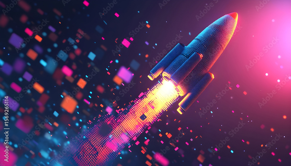 Fototapeta premium Creative digital illustration of a futuristic rocket launching into space with digital pixels scattered around