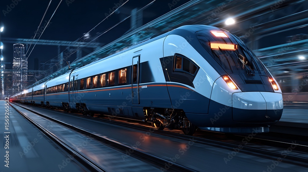 Naklejka premium HighSpeed Train Night City Travel Transport.