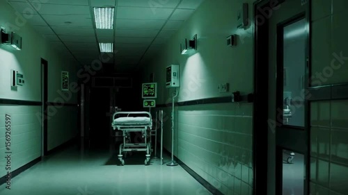 Hospital corridor with emergency lights on, stretcher parked near the wall, and monitors blinking