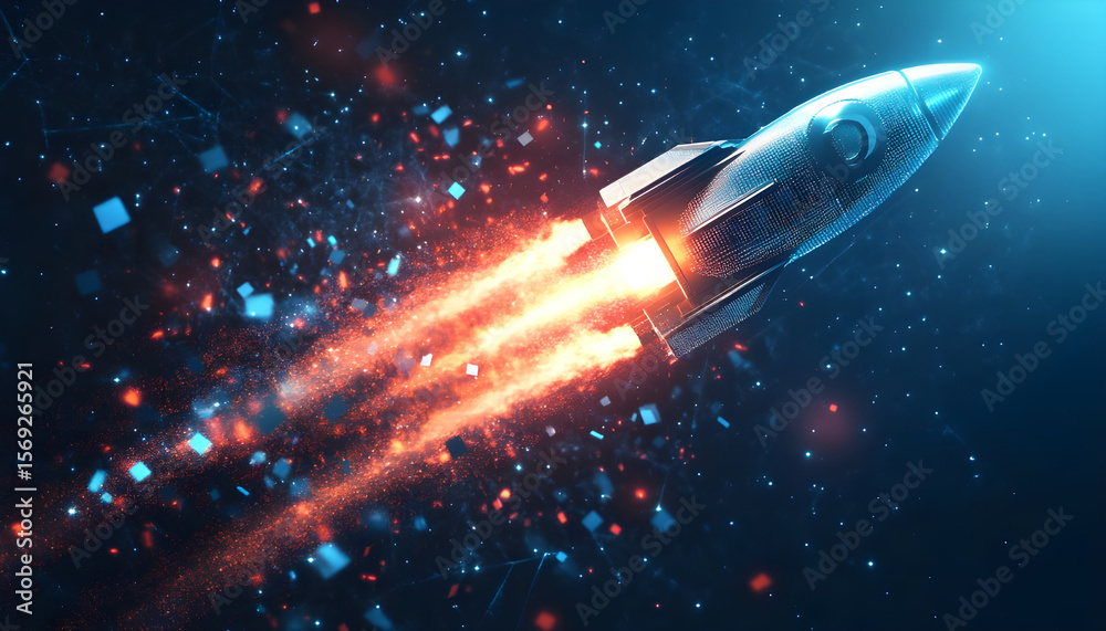 Obraz premium Creative digital illustration of a futuristic rocket launching into space with digital pixels scattered around