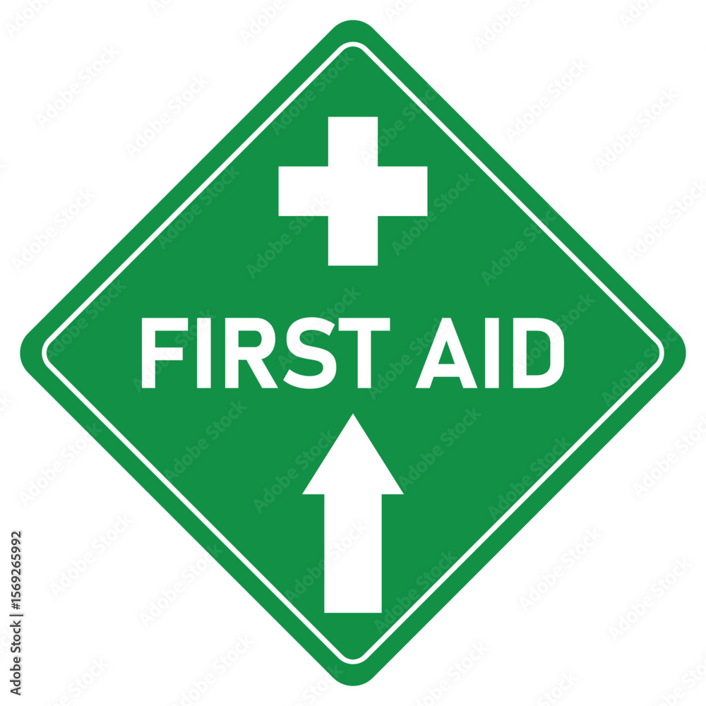 Fototapeta premium first aid straight ahead direction sign and symbol in green and white diamond shape sign