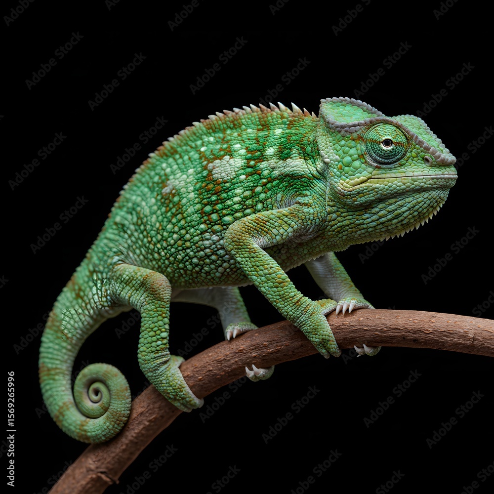 Obraz premium Chameleon on Branch Close-up, Green Reptile Portrait