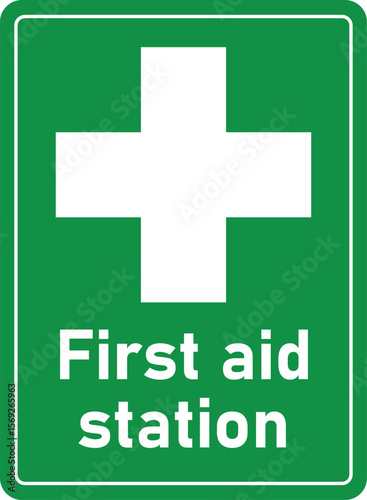 first aid station sign and symbol in green and white