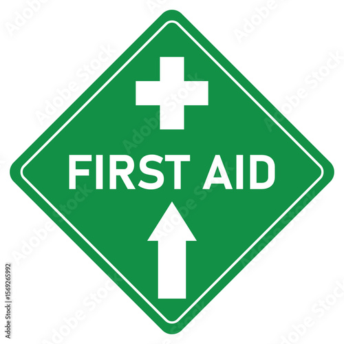 first aid straight ahead direction sign and symbol in green and white diamond shape sign