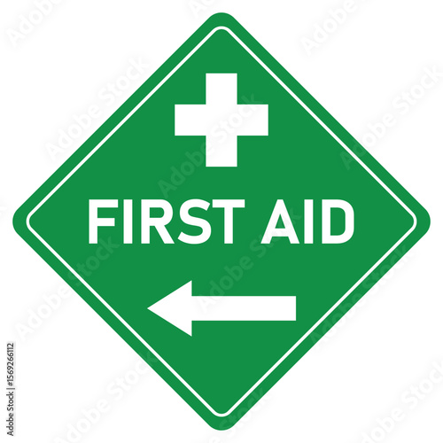 first aid point left direction sign and symbol in green and white diamond shape sign