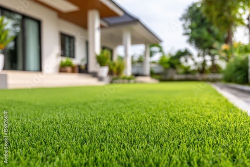 Wallpaper Mural Close-up of lush green lawn, blurred house in background, sunny day, peaceful suburban scene. Torontodigital.ca