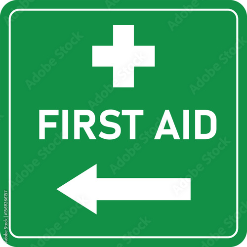 first aid point left direction sign and symbol in green and white