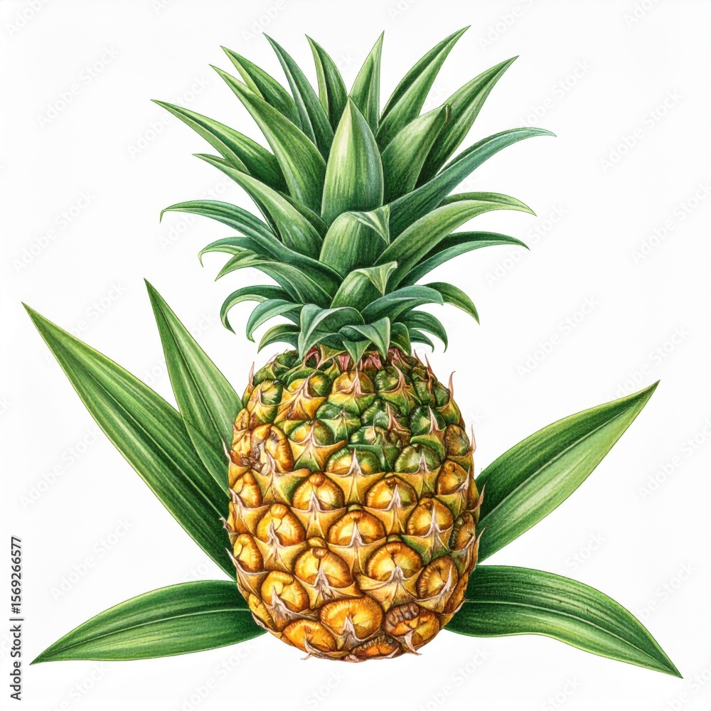 Vibrant Watercolor Pineapple Illustration with Green Leaves Vibrant Watercolor Pineapple Illustration with Green Leaves