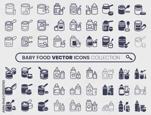Collection of baby food icons including cans and bottles with spoons and measuring cups for infant nutrition and feeding preparation